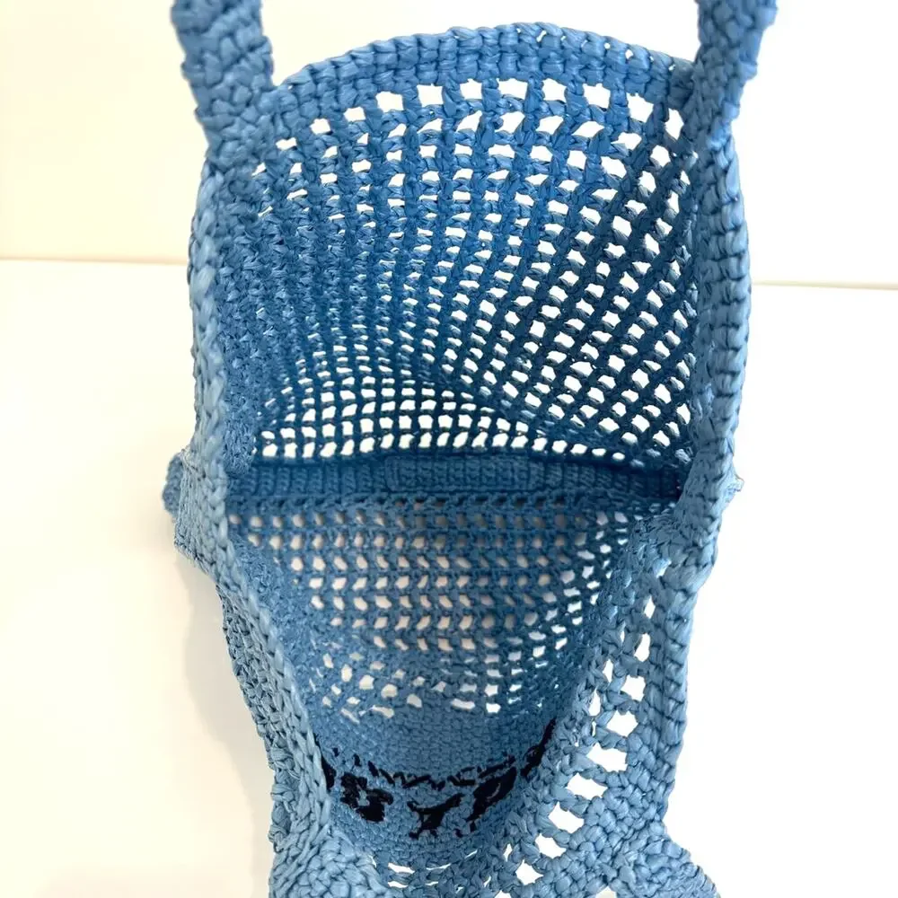 PRADA Blue Yarn Raffia Effect Crochet Logo Embroidered Tote Bag Black Shoulder